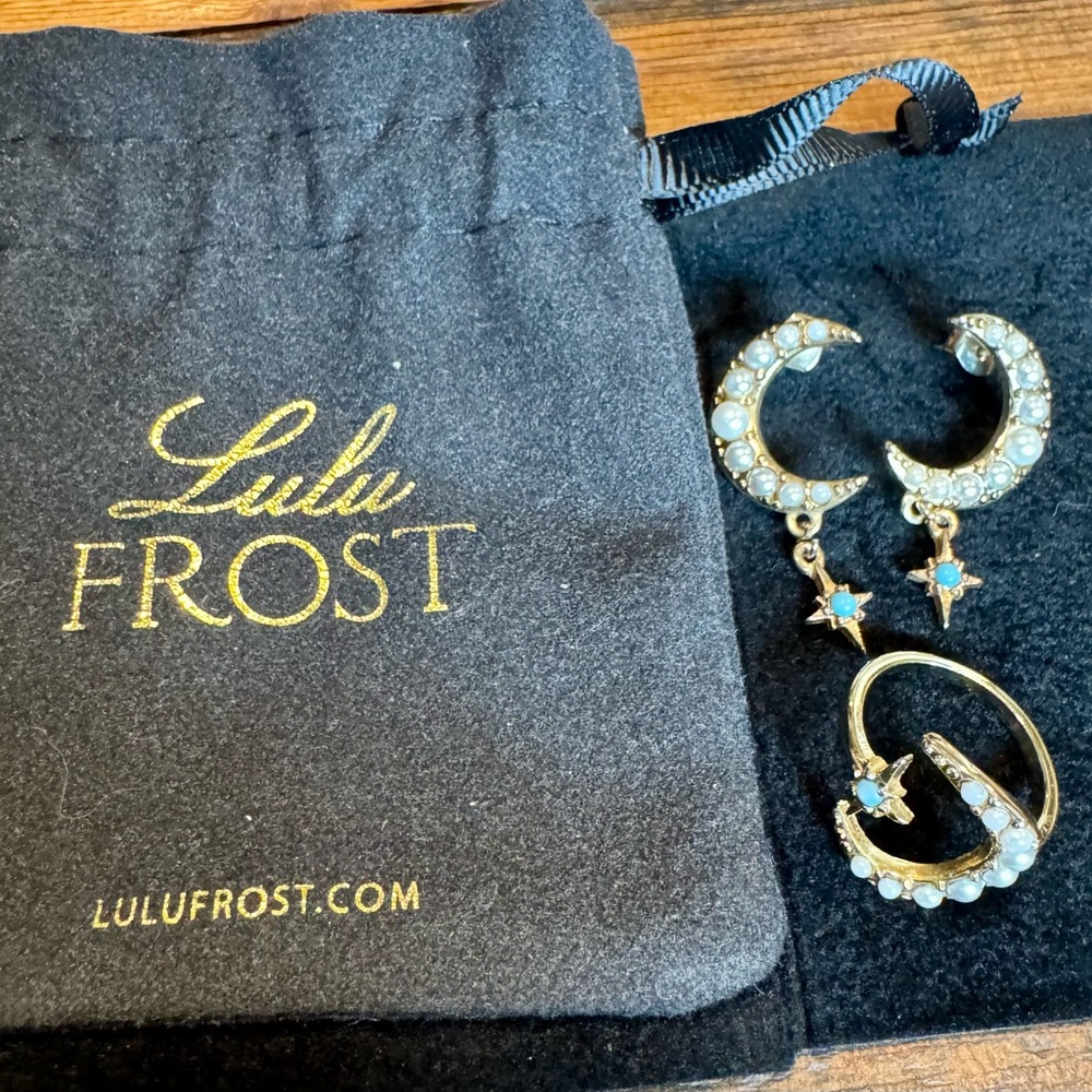 Lulu Frost faux pearl and faux turquoise Star and Crescent Earring and ring set
